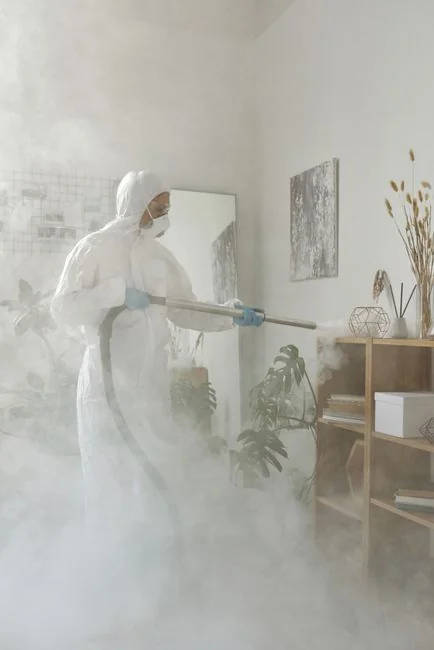 A person wipes a laptop screen using a blue cloth and spray bottle on a wooden table for hygiene.